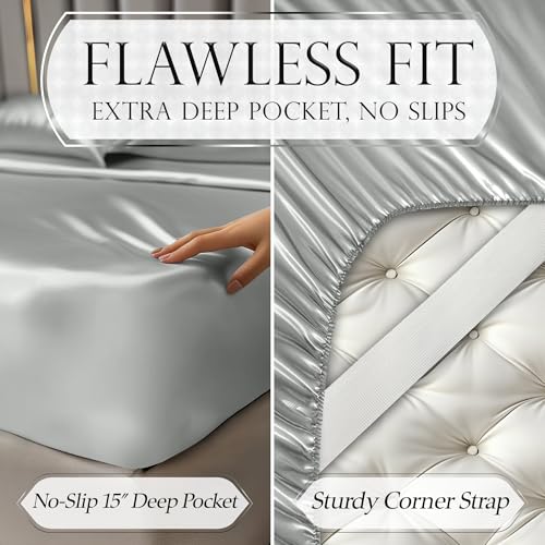 DECOLURE Satin Bed Sheets - 4 Piece Luxury Silky Queen Size Bedding Set - Softer Than Silk, Wrinkle-Free with 15” Deep Pocket Fitted Sheet, Perfect for Hair & Skin, Gifts for Women (Grey) DECOLURE