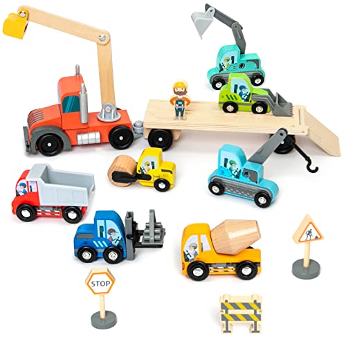 Wooden Construction Site Vehicles with Trailer 14 PCS Set, Vehicle Toys Cars for Toddlers and Kids Ages 3+ Gifts for Boys Girls, Compatible with Thomas and Other Major Brand Train Toy and Railway Set BBtinker