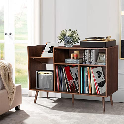 RARZOE Large Record Player Stand, Mid Century Concord Turntable Stand Table Holds Up to 350 Albums, Vinyl Record Storage Cabinet with Wood Legs for Living Room Bedroom Office, Walnut Brown RARZOE