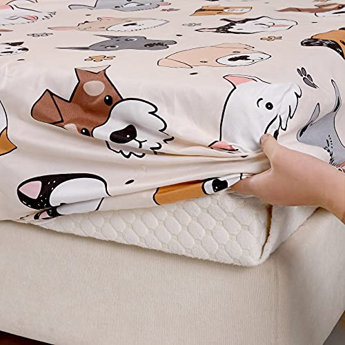 KWLOVER 2PCS Soft Fitted Sheet and Pillowcase Set - Doggy Printed Puppy Pattern Design Sheets for Kids Teens Twin Size Bed KWLOVER