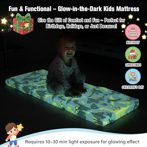 Tiita Foldable Floor Mattress for Kids-Glow in The Dark Toddler Nap Mat with Storage Bag, Portable Toddler Floor Futon for Travel, Daycare, Camping, RV, Playroom, Green Dinosaur Tiita
