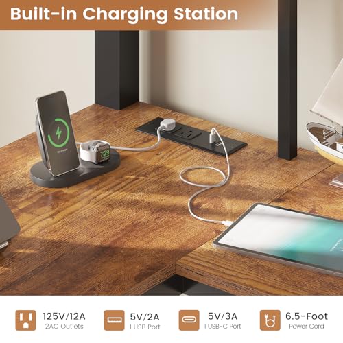 VIAGDO Loft Bed Twin Size with Hall Tree, Charging Station and LED Lights, Metal Loft Bed with L-Shaped Desk, 5 Storage Drawers, Heavy Duty Twin Size Bed with Stairs, No Box Spring Needed, Black VIAGDO