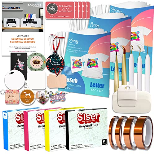 Sawgrass Easysubli SG500 Sublimation Printer Bundle with Inks, 450 Sheets of Paper, Tape, Tools, Blanks, Mega Design Pack, White, SG500-PRNT-BUNDLE-6