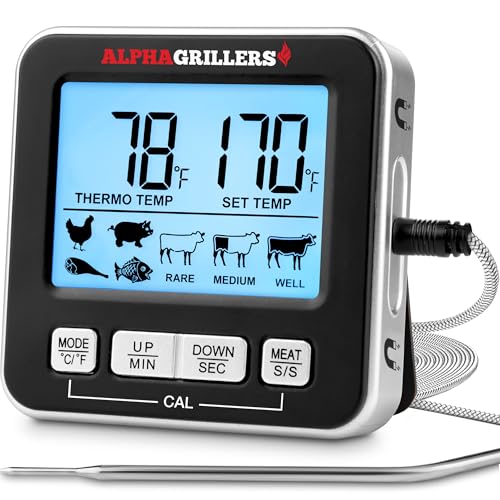 Alpha Grillers Meat Thermometer Digital - Kitchen Oven Thermometer for Cooking Food, Grilling, BBQ Smoker - 7 Preset Temperature Alerts, Timer, Alarm, & Stainless Steel Temperature Probe