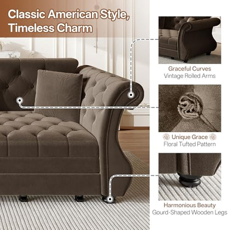 LuxyHoom 97.6'' Sleeper Sofa Bed King Size, Flower Tufted Pull Out Couch, Velvet Chesterfield Futon Couches, Modern 4 Seater Convertible Sofa, 3 Pillows for Living Room, Apartment, Offices, Brown LuxyHoom
