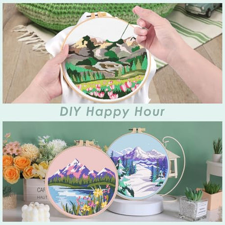 ERKOON Embroidery Kit for Beginners, 5 Sets Flower Cross Stitch Set for Adults Include Embroidery Cloth Hoops Threads for Craft Lover Hand Stitch with Skill Techniques (Landscape) ERKOON