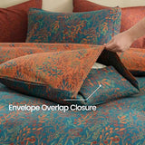 BISELINA 100% Cotton Muslin Duvet Cover Set Queen, 3 Pcs Yarn-Dyed Jacquard Textured Reversible Floral Design, Soft and Breathable Bedding Set with Zipper Closure, Blue Orange BISELINA