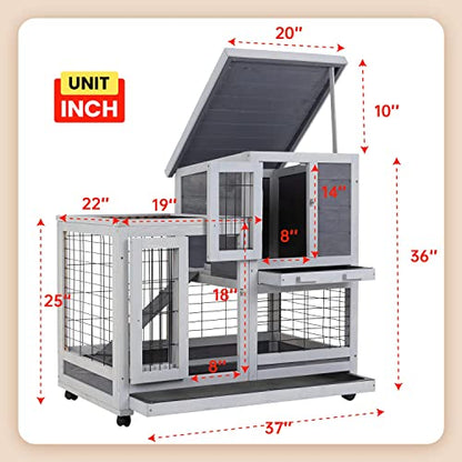 Rabbit Hutch Indoor and Outdoor Rabbit Cage 37 Inch Wide Wooden Hutch House Guinea Pig Cage with Wheels Rolling Large Hutch Cage,Grey - WoodArtSupply