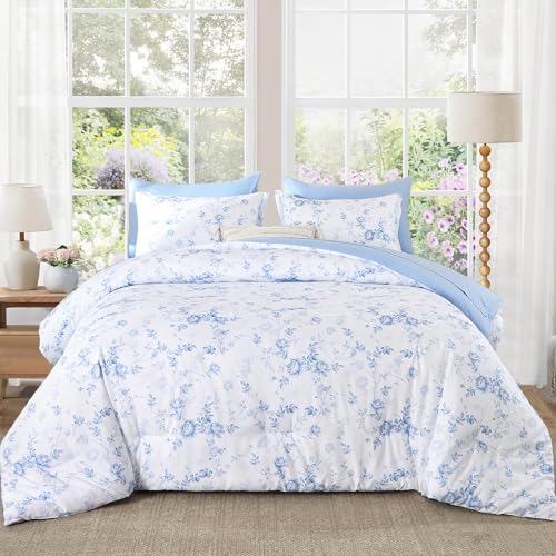 Luxudecor Floral King Comforter Set 7 Pieces Bed in a Bag, Blue Rose Romantic Flower Bed Set, Soft Reversible Comforter with Sheet Set 104"x90" Luxudecor