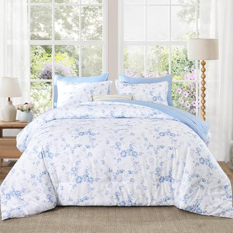 Luxudecor Floral Queen Comforter Set 7 Pieces Bed in a Bag, Blue Rose Romantic Flower Bed Set, Soft Reversible Comforter with Sheet Set 90"x90" Luxudecor