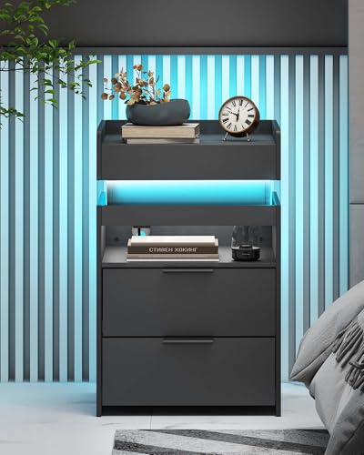 Baoz Nightstand with Gun Drawer, Charging Night Stand with USB and AC Ports, LED Nightstand, NightStands with Gun Drawer, Smart Night Stand with Sliding Top Storage Baoz