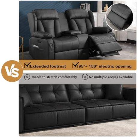 DUNELLA 66" Power Loveseat Recliner Sofa, Home Theater Seating with Console, Electric Recliner RV Sofa with USB/Type-C/Storage/Side Pocket/LED Light for Travel Trailers (Black) DUNELLA