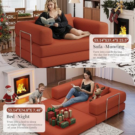 BSHOMGI Folding Sofa Bed, 4 in 1 Convertible Sofas to Lounger Comfy Single Bean Bag Chair Floor Portable Foldable Sleeper Lazy Futon Couch Chair for Bedroom, Living Room (Orange, 53.15" Double Sofa) BSHOMGI
