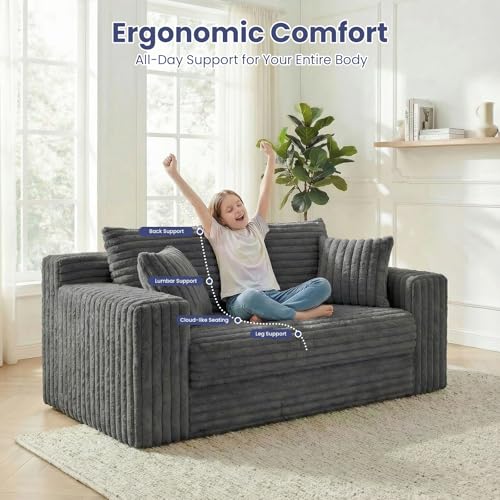3-in-1 Convertible Sofa Bed: Boneless Loveseat Sleeper & Folding Couch Bed with 4 Pillows & Detachable Cushion, Furry Futon Couch for Bedroom, Apartment, Office and Living Room, No Assembly, Grey Winzoo