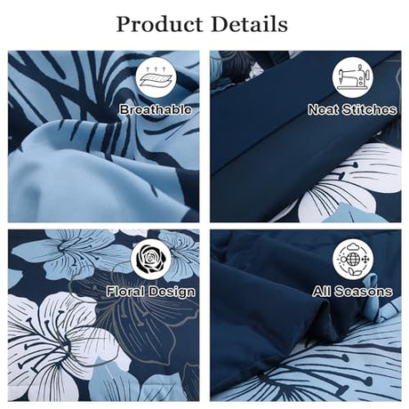 Luxudecor Navy Blue Comforter Set Queen Size, 7 Pieces Bed in a Bag Navy Blue Floral Comforter and Sheet Set, Soft Microfiber Complete Bedding Sets for All Seasons Luxudecor
