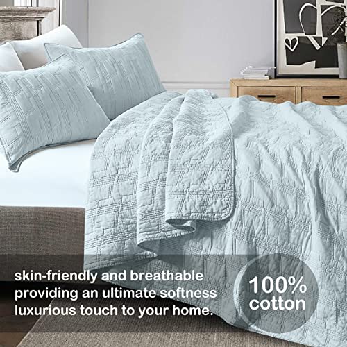 HORIMOTE HOME 100% Cotton Quilt Set Queen Size, Baby Blue Pre-Washed 3-Piece Bedspread Coverlet Set, Cozy Lightweight Stitching Bedding Cover with 2 Shams in Geometric Pattern for All Season HORIMOTE HOME