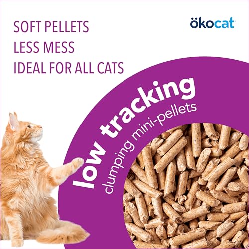 ökocat Less Mess Low Tracking Wood Clumping Cat Litter Mini- Pellets, Unscented, 14.8 pounds - Natural Ingredients, Stops Odor, Clumps Solid, 99% Dust Free, Great for Long-Hair Breeds, All Cats ÖKOCAT