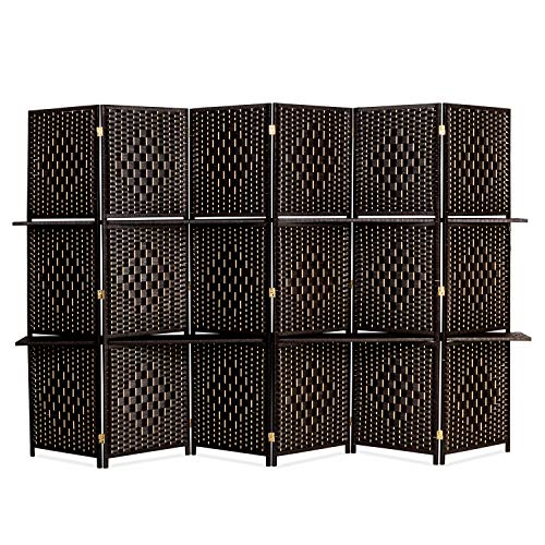 Bonnlo Upgraded Heavy Duty 6FT Tall Rattan Room Divider Screens with Partition Wall 2 Display Shelves, Indoor Folding Screen Dual-Sided Hinges for Home Office (6 Panels) Bonnlo
