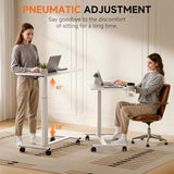 COMHOMA Adjustable Overbed Bedside Table with Lockable Wheels, Pneumatic Mobile Standing Laptop Desk, Small Standing Desk Portable Rolling Overbed Table Hospital Home Use(32" W x 18" D, White) COMHOMA
