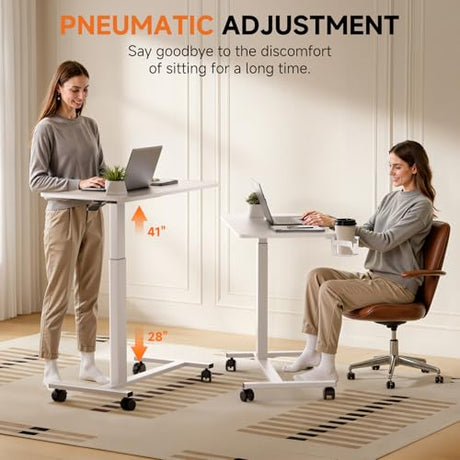 COMHOMA Adjustable Overbed Bedside Table with Lockable Wheels, Pneumatic Mobile Standing Laptop Desk, Small Standing Desk Portable Rolling Overbed Table Hospital Home Use(32" W x 18" D, White) COMHOMA