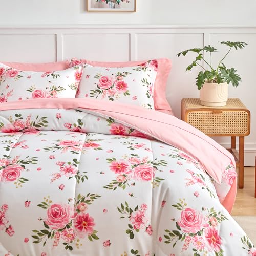 Flower Comforter Sheet Set White Bed in a Bag 7 Pieces Cal King Size Dark Pink Floral Bedding Set (1 California King Comforter 2 Pillow Shams 1 White Flat Sheet 1 Fitted Sheet 2 Pillowcases) UOZZI BEDDING