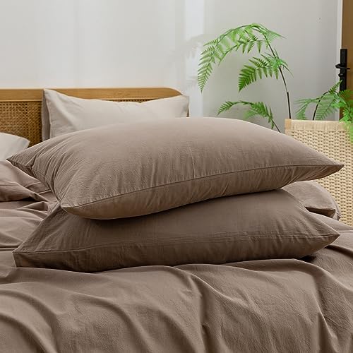 BESTOUCH Duvet Cover Set 100% Washed Cotton Linen Feel Super Soft Comfortable Chic Lightweight 3 PCs Home Bedding Set Solid Pine Bark Brown Queen BESTOUCH