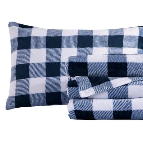 Elegant Comfort Luxuriously Soft 4-Piece Velvet Plush Flannel Sheet Set - Premium Quality - Cozy Warm, Anti-Static, Non Pilling Fuzzy Velvet Flannel Fleece Deep Pocket Sheet Set-Twin XL, Buffalo Navy Elegant Comfort