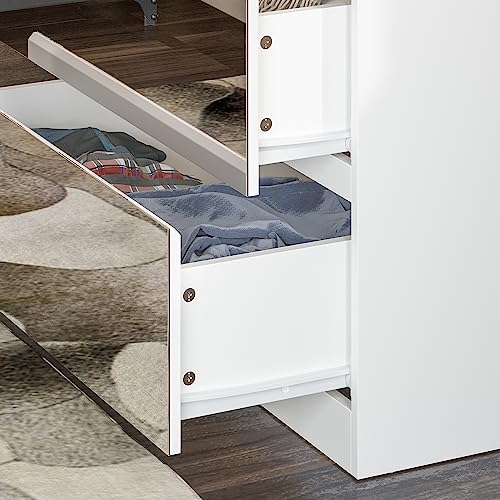 Hitow Mirror Wardrobe Armoire with Drawers, Wardrobe Armoire Closet with Glass Full Length Mirror Doors Drawers & Hanging Rod, Wood Wardrobe Clothes Storage Cabinet for Bedroom, White Hitow