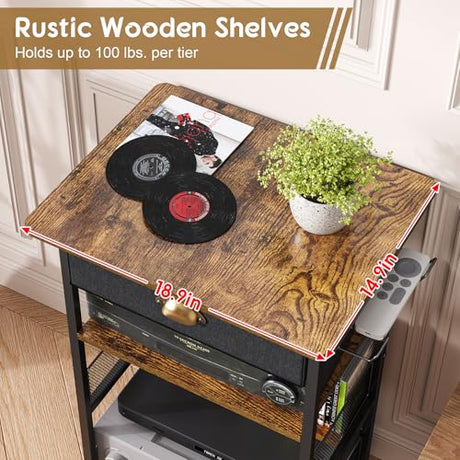 Hongtamoya 4-Tier AV Media Stand with Drawer, Video Game Console Shelf with 2 Hooks, Audio Rack Tower Perfect for/Xbox/ PS5/Switch/Game Consoles/DVD/Record Player/Projector/Sky Box/TV Accessories Hongtamoya