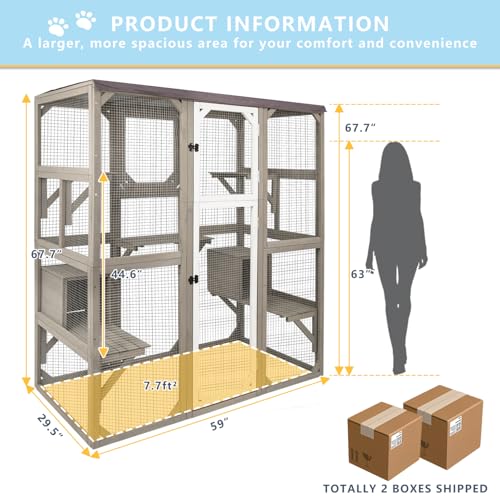 Ketive Catio Outdoor Cat Enclosure Cat Catio Cat House, Cat Cage Condo Indoor Playpen Kitty House Shelter with Multi Platforms, Waterproof Roof, Pull-Out Tray (59" L x 29.5" W x 67.7" H) - WoodArtSupply