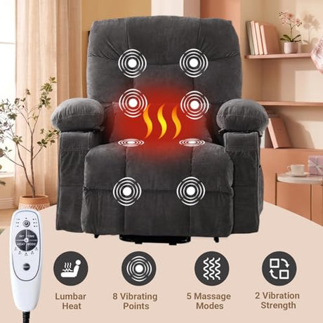Power Lift Recliner Chair for Elderly with Lumbar Heat and Vibration Massage, Electric Lift Recliner Chair with Remote Control and USB Port,4 Storage Pockets & 2 Cup Holders for Living Room - Grey PoteSoar