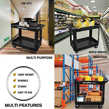 Olympia Tools 2 Shelf Black Rolling Utility Cart - Supports Up to 500 lbs, Comfort Handle - Heavy Duty Carts With Wheels - Great for Warehouse,