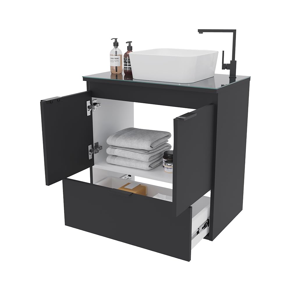 COZIMAX Cabinet and Sink Soul 24" Floating Bathroom Vanity with White Ceramic Sink, Tempered Glass Countertop, Soft Close Doors, 1 Drawer, Wall Mount (Black) COZIMAX