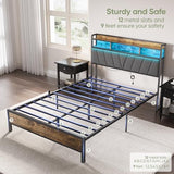 Welzona Full Size Bed Frame with Headboard, LED Lights Full Bed Frames with Charging Station, 2-Tier Storage Shelves, Heavy Duty Metal Slats, Noise-Free, No Box Spring Needed, Easy Assembly, Brown Welzona