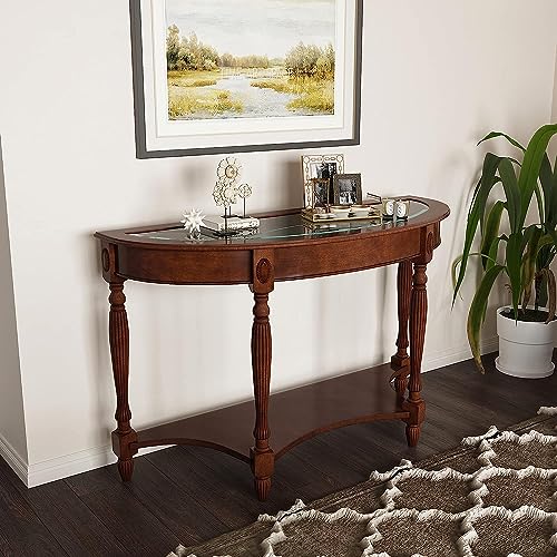 PADMA HOUSE Traditional Solid Wood Semi-Circle Sofa Table with Tempered Glass Top for Living Room, Cherry Walnut PADMA HOUSE
