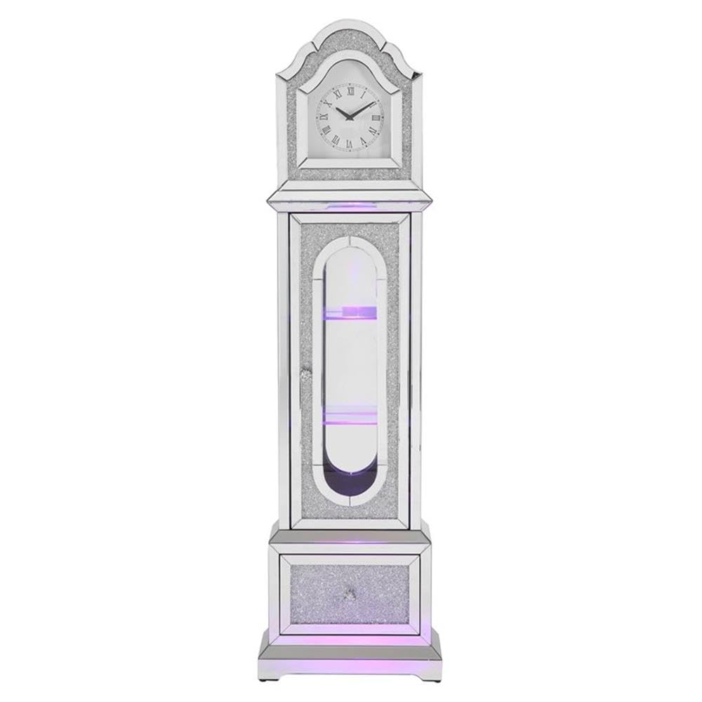 Acme Noralie Wood Frame Grandfather Clock with LED in Mirrored and Faux Diamonds Acme