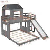 Harper & Bright Designs House Bunk Bed with Slide,Wood Twin Over Full Bunk Bed with Roof,Ladder & Safety Guardrail,Floor Bunk Loft Bed for Kids,Teens,No Box Spring Needed, Antique Grey Harper & Bright Designs
