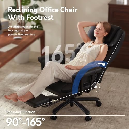 JULYMON Executive Office Chair Big and Tall 400LBS, 165° Reclining Office Chair with Footrest, Leather Desk Chair with Quiet Wheels, Height Adjustable, Padded Arms, Black JULYMON
