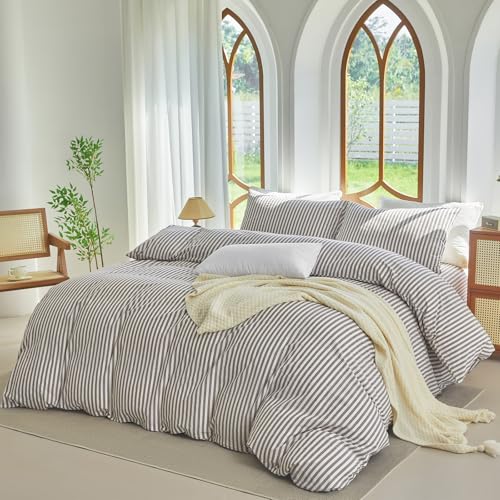 XINMIANFANG Striped Duvet Cover Set Full Size 3 Pcs 100% Washed Cotton Linen Like Textured Natural Wrinkle Comfy Breathable (Full, Classic Stripe-Mauve Brown/White) XINMIANFANG