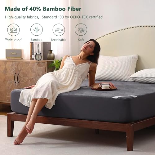 Queen Size Waterproof Mattress Protector, 40% Rayon Derived from Bamboo Grey Mattress Pad Cover, 3D Air Fabric Breathable Mattress Pad Fitted with Deep Pocket 6"- 15" Machine Washable FELTYBED