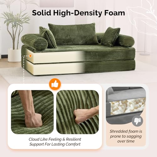 VINGLI Convertible Futon Sofa Bed, Upholstered Corduroy Boneless Couch King Size Floor Loveseat Sleeper Sofa with 2-in-1 Throw Pillow, Couches for Living Room, Bedroom, Lounge, Green VINGLI