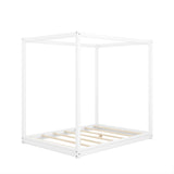 MWrouqfur 4-Poster Queen Size Canopy Floor Bed Frame,Morden Wood Low Profile Platform Beds with Wooden Slats Support, No Box Spring Needed (White) MWrouqfur