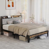 DUMOS Queen Bed Frame with Headboard, Storage Headboard with USB Charging Station, Durable Squeak-Free Frame, Simple No-Tool Assembly,Works with Queen Mattress No Box Spring Needed DUMOS
