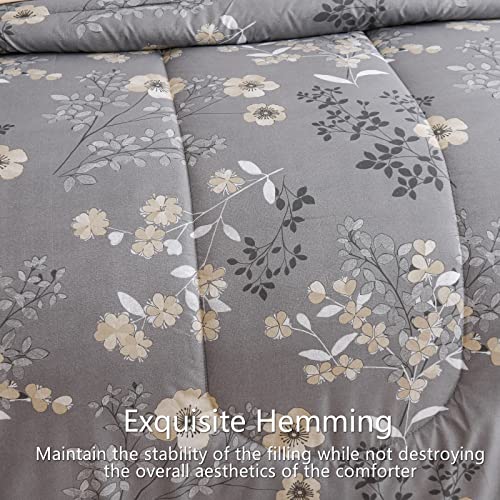 AIKASY Grey King Bed in a Bag 7-Pieces, Comforter Set with Sheets,Tree Branches and Flowers Printing Design,Ultra Soft Down Alternative All Season Bedding Set(King, Grey) AIKASY