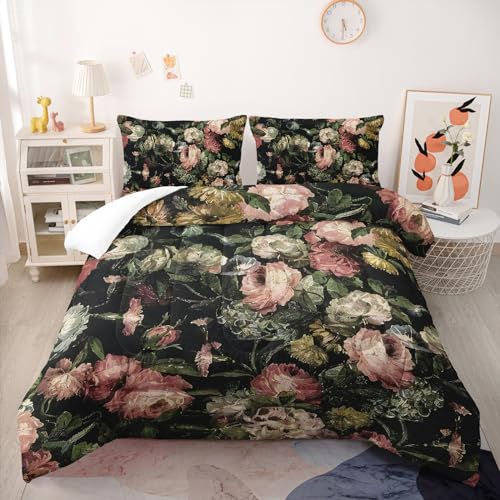 Nttopship Boho Floral Comforter Set Twin Black Floral Bedding Sets 3PCS for Kids Teen Adult Flowers Leaves Room Decor Ultra-Soft Lightweight Microfiber 1 Comforter with 2 Pillowcases Nttopship