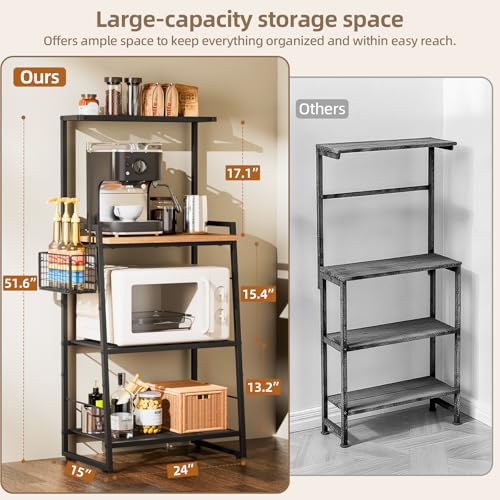 Anniper Bakers Rack with Foldable Basket, Large 4 Tiers Coffee Bar Station, Kitchen Microwave Stand with Storage, Metal Shelf Rack for Living Room, Office, Garage (Rustic Brown)