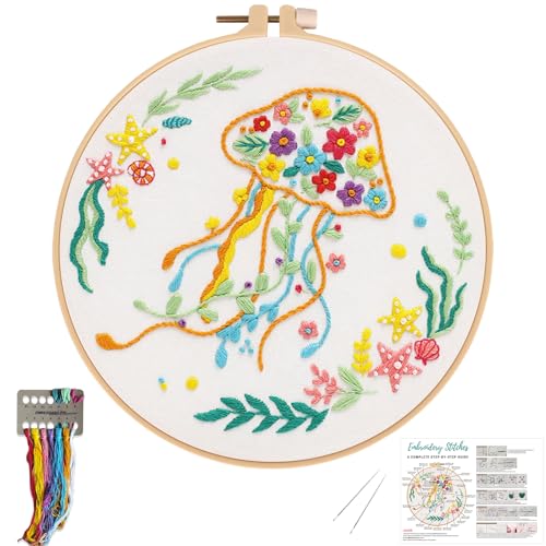 Louise Maelys Animal Embroidery Kit for Beginners-DIY Cross Stitch Starter Craft Kit for Adults Including Cloth with Pattern, Hoop, Needles Instruction and Threads（Jellyfish）