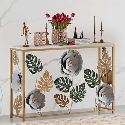 FormaCraft Vintage Console Table with Metal Flower Design, 47" Modern Faux Marble Entryway Table, Narrow Gold Sofa Table for Living Room, Hallway, Bedroom