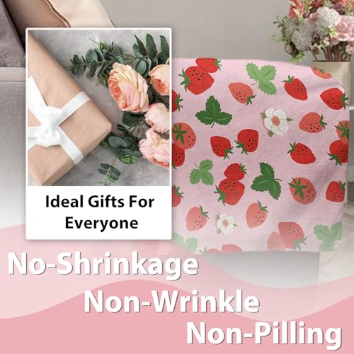 Zzkol Pink Strawberry Flannel Throw Blanket, Red Pink Fruit Floral Birthday Gifts for Kids Girls Women Adults Teen, Spring Summer Flowers Soft Blankets for Bedding Sofa 50" x 60" Zzkol