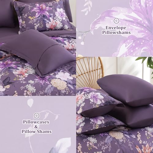 Drucon Floral Comforter Set King Size 7 Piece, Purple Flower Bed in a Bag, Elegant Floral Comforter with Sheet Set, Soft Microfiber Bedding Set for All Season Drucon